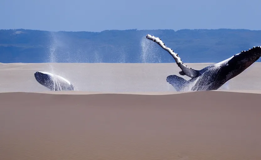 Image similar to whales jumping into sand dunes, photography