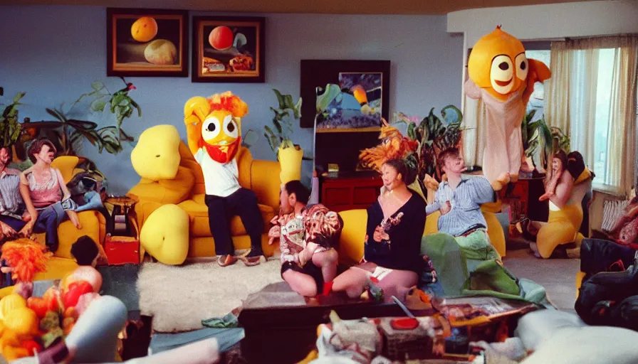 Image similar to 1990s candid 35mm photo of a beautiful day in the living room, cinematic lighting, cinematic look, golden hour, large costumed mascot business fruit people dancing for families, Enormous personified business fruit people with outstandingly happy faces coming out of a portal and talking to families about space and planets, UHD