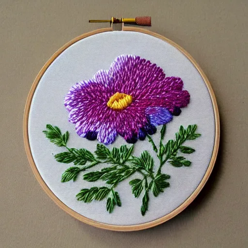 Image similar to a tiny beautiful handmade embroidery of a stunning bouquet of flowers. hand embroidery.