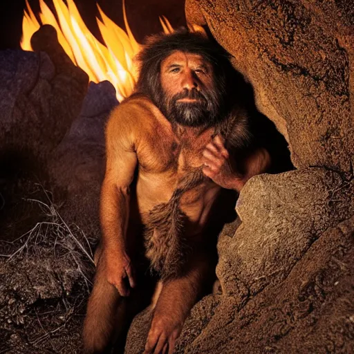 Prompt: Photo portrait Joe Rogan as a Neanderthal cave man wrapped in fur cloak lit by fire cave background dramatic lighting 85mm lens by Steve McCurry