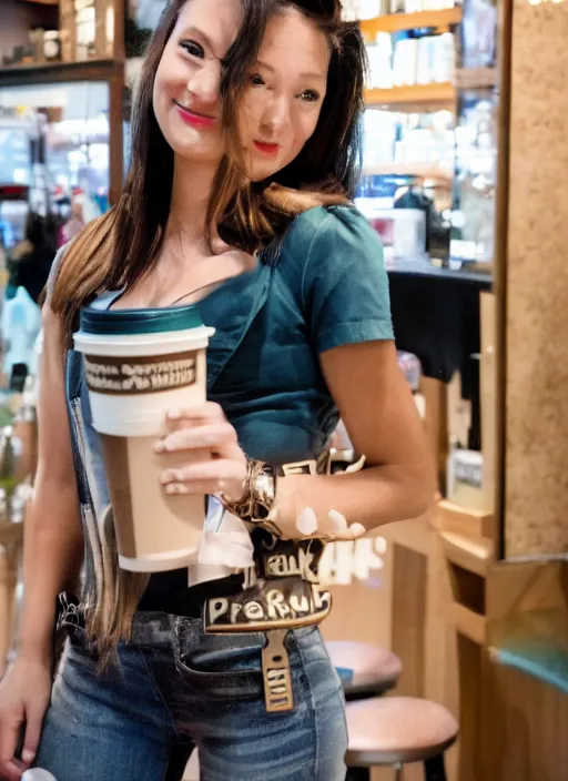 Image similar to a full portrait photo of real - life starbucks siren, f / 2 2, 3 5 mm, 2 7 0 0 k, lighting, perfect faces, award winning photography.