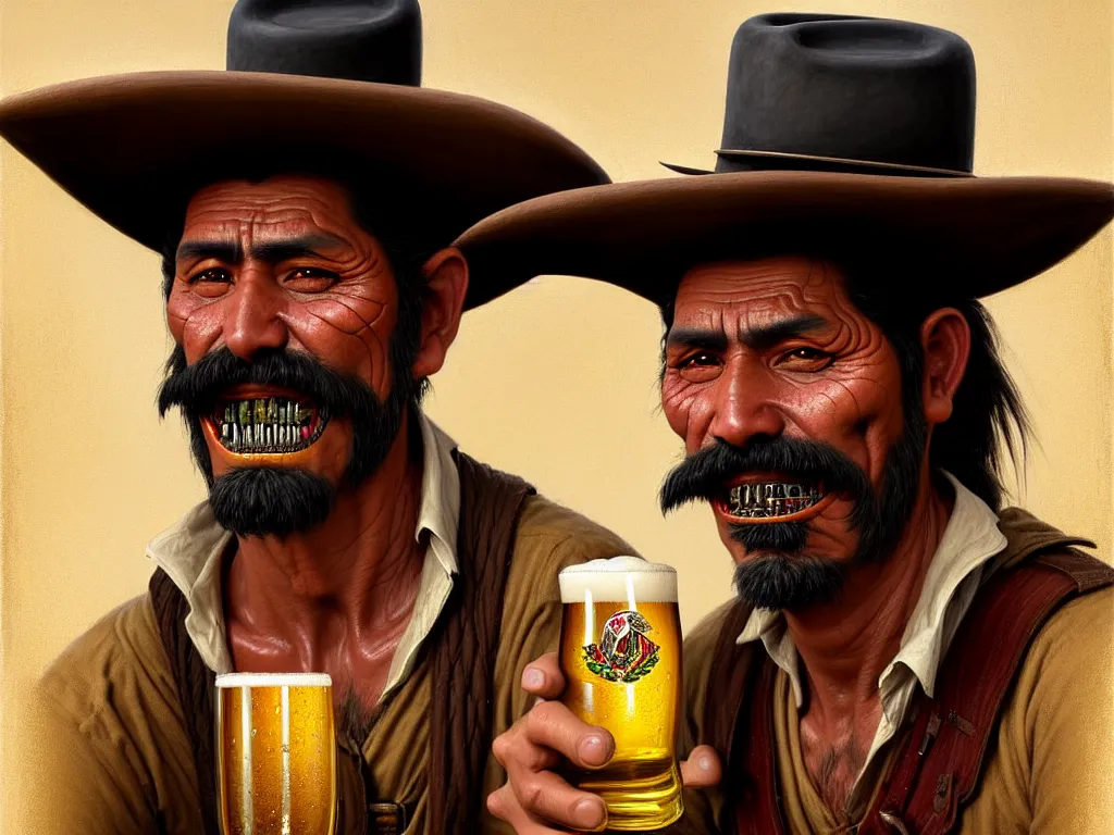 Image similar to juan caloto beer illustration of a mexican man,, with one small, dirt, wild west, with hat, drinking a beer at train station, fantasy, intricate, elegant, highly detailed, digital painting, artstation, concept art, matte, sharp focus, art by aenaluck and roberto ferri and greg rutkowski, epic, missing teeth [