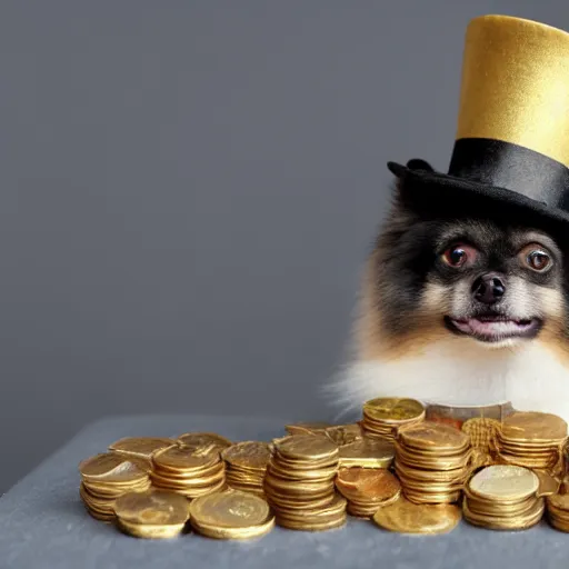 Prompt: A pomeranian wearing a top-hat and a monocle over its left eye, sitting on a pile of gold coins