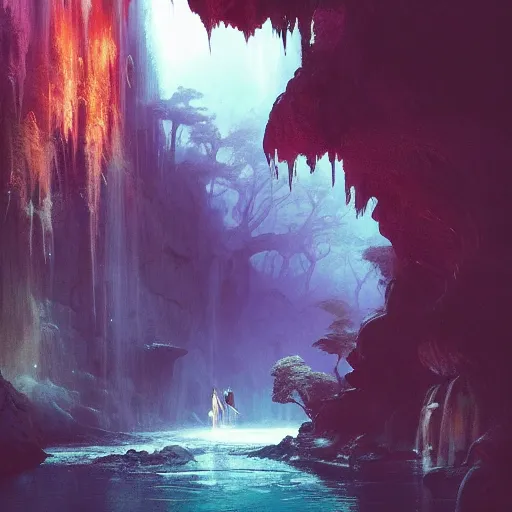 Prompt: Lush cave with waterfalls, nostalgic, calming, aesthetic, volumetric fog, godrays, high contrast, high contrast, high contrast, vibrant colors, vivid colors, high saturation, by Greg Rutkowski and Jesper Ejsing and Raymond Swanland and alena aenami, featured on artstation, wide angle