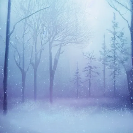 Image similar to mystic winter landscape, cyberpunk atmosphere, pastel colors