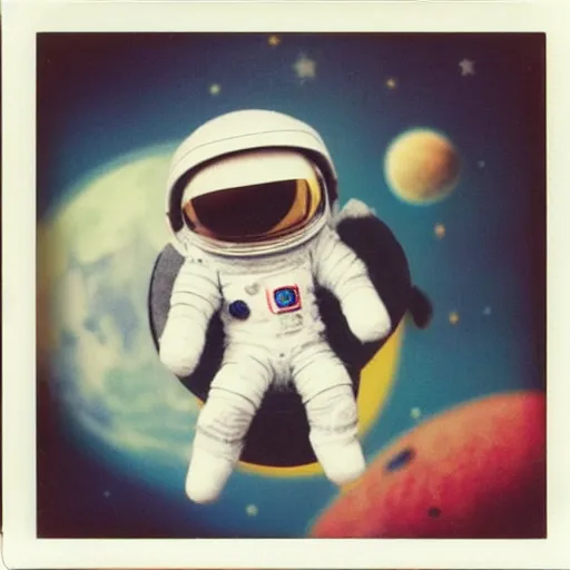 Prompt: polaroid of a cute toy wool astronaut in real space