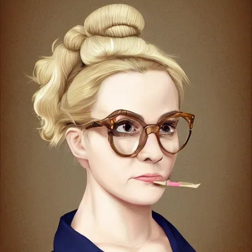 Image similar to a severe middle aged french woman with blonde hair tied in a strict bun, spectacles, lots of makeup, rich, victorian outfit, character portrait, digital art, high quality, 8 k, detailed, d & d character,