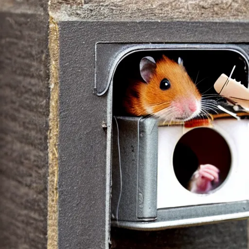 Prompt: a hamster crawling out of a mail box and smiling, outdoors, close up, dslr photo