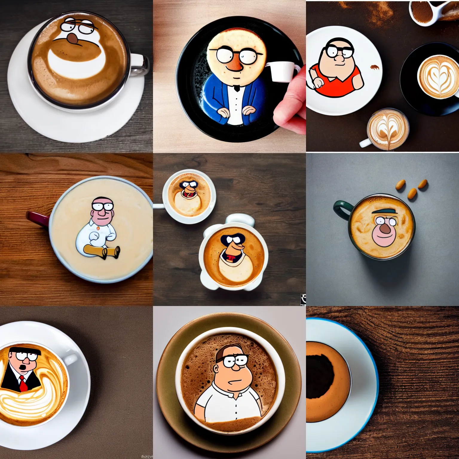 Prompt: peter griffin. latte art. professional food photography.