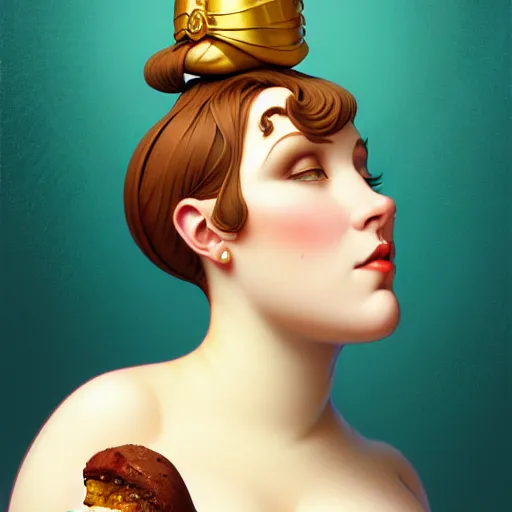 Image similar to curvy woman with a bundt cake head, digital art, cinematic, concept art, 8k, painting, imaginefx, cgsociety, art nouveau, Alphonse Mucha, trending on artstation, medium shot, head shot