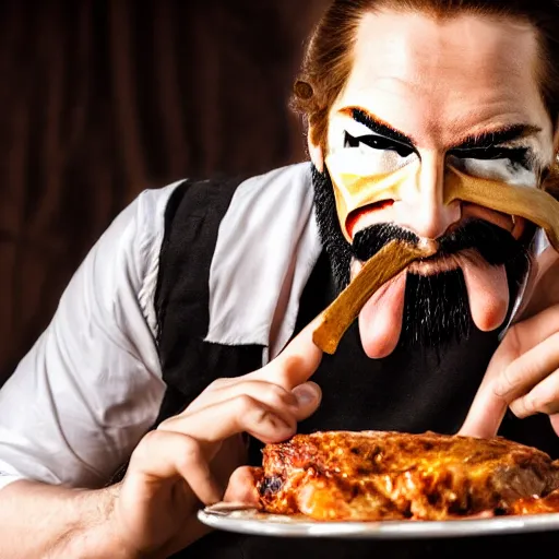 Image similar to man with guy fawkes mask eating pork chop