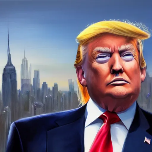 Prompt: painting of donald trump portrait, new york city in background, charlie bowater style