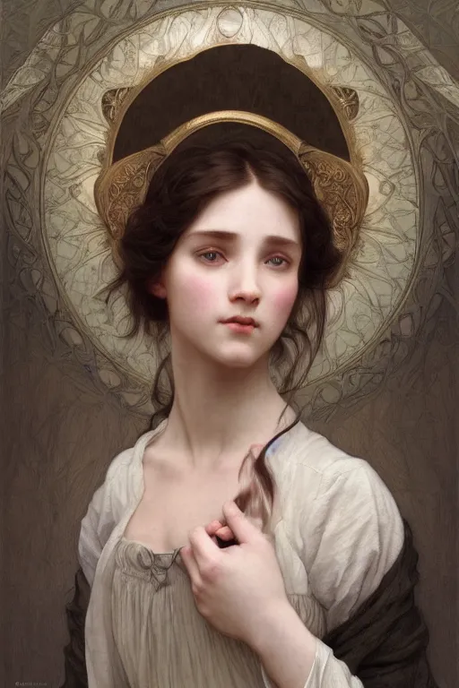 Image similar to Portrait of beautiful pale peasant girl, cinematic lighting, intricate, elegant, highly detailed, digital painting, artstation, smooth, sharp focus, illustration, art by artgerm and greg rutkowski and alphonse mucha and Wayne Barlowe and william-adolphe bouguereau