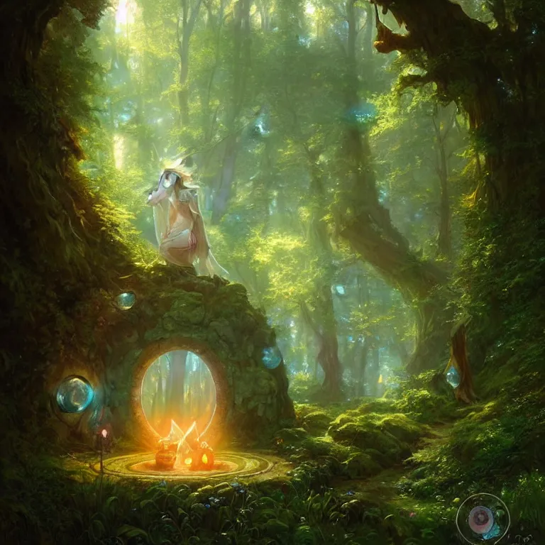 Image similar to Fantasy Magical fairy-tale glowing stone portal in the forest. Round stone portal teleport in trees to other worlds. Fantastic landscape. Magic Altar in the fores, highly detailed, digital painting, concept art, smooth, sharp focus, illustration, art by greg rutkowski and alphonse mucha