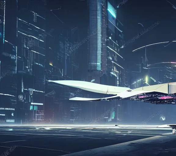 Prompt: futuristic sci fi jet lands at runway of cyberpunk city, night photo ,dark cinematic lighting , digital concept art