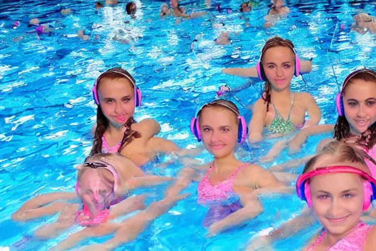 Image similar to Putin and beaty girls at aquatic disco, hyper realistic photo, highly detailed
