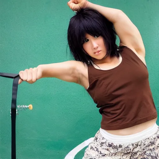 Prompt: “an action photoshoot of akane owari, akane owari danganronpa, top heavy, a toned Japanese young woman with dark tanned skin and wild wavy brown hair in a bob, hazel eyes, athletic fashion photography, sparring, dynamic pose, young and beautiful, white tank top, magazine cover, Japanese facial features, full of energy”