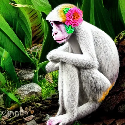 Prompt: colorful flowerpunk white monkey meditation, natural background, fantasy character