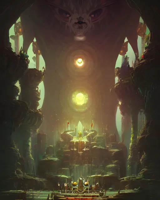 Image similar to Throne Room of the Shaman Raccoon King, cinematic concept art, matte painting, trending on Artstation, wide angle shot, by Peter Mohrbacher
