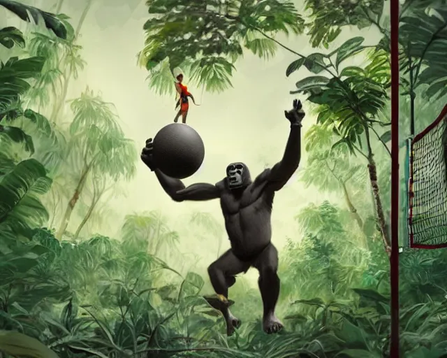 Image similar to a gorilla holding a volleyball and playing volleyball in a jungle, volleyball net, digital illustration, inspired by greg rutkowski and artgerm, high detail