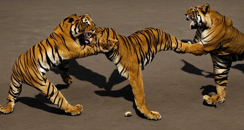 Prompt: a tiger and a lion boxing each other in the ring.