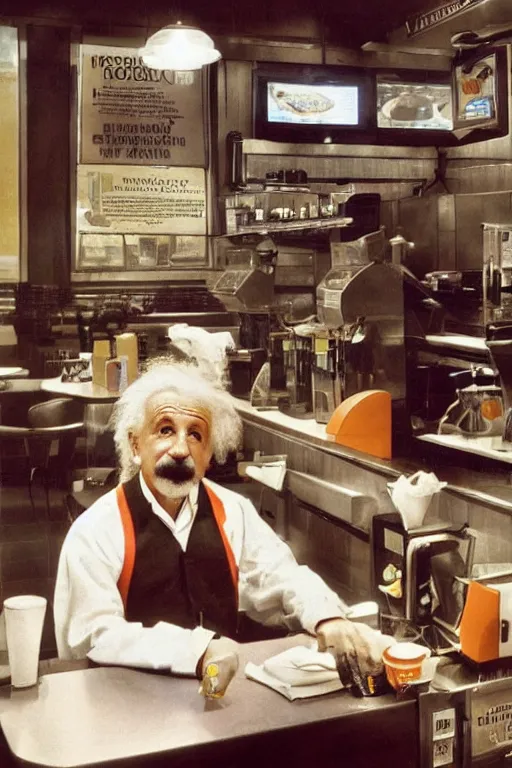 Prompt: intricate color photo of albert einstein, working in mcdonalds serving a customer, 8 k octane beautifully detailed render