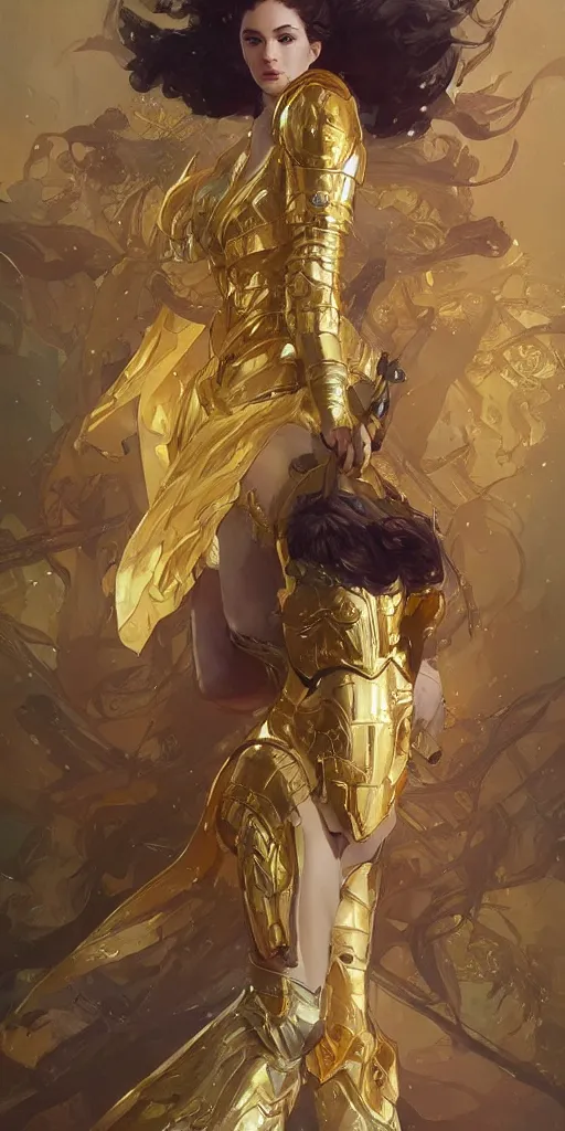 Prompt: a princess wearing a golden armor, full-body shot, digital painting, smooth, elegant, hd, art by WLOP and Artgerm and Greg Rutkowski and Alphonse Mucha