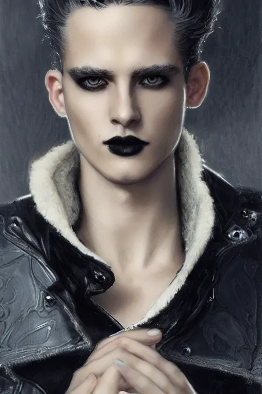 Image similar to a handsome man, short white hair, goth, intricate, elegant, dramatic lighting, gorgeous face, black leather jacket, highly detailed, lifelike, photorealistic, digital painting, artstation, illustration, concept art, smooth, sharp focus, art by John Collier and Albert Aublet and Krenz Cushart and Artem Demura and Alphonse Mucha
