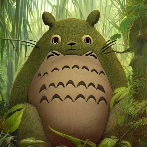 Image similar to portrait of a scary horrific totoro in a dense jungle at sunset, detailed, centered, digital painting, artstation, concept art, donato giancola, alphonse mucha, Joseph Christian Leyendecker, WLOP, Boris Vallejo, Breathtaking, 8k resolution, extremely detailed, beautiful, establishing shot, artistic, hyperrealistic, beautiful face, octane render