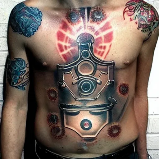 Prompt: chest tattoo of a hole in the skin with a golden robot mechanic with glowing tubes inside under the skin, insanely integrate,