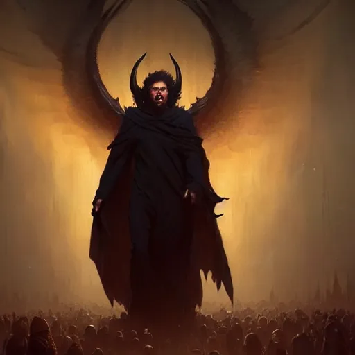 Image similar to joel osteen with deep black eyes wide open as the devil lording over his army of demons, greg rutkowski, trending on artstation, 8 k