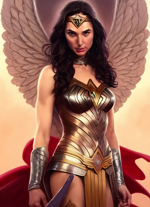 Image similar to gal gadot as an angel, deep focus, d & d, fantasy, intricate, elegant, highly detailed, digital painting, artstation, concept art, matte, sharp focus, illustration, hearthstone, art by artgerm and greg rutkowski and alphonse mucha