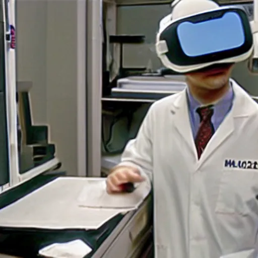 Image similar to a 2004 film still of a cat wearing a VR helmet, two people in lab coats standing behind the cat, one person has a clipboard, lab equipment in the background