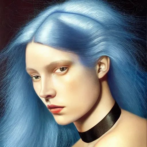 Prompt: A beautiful portrait of a woman with iridescent skin wearing a black leather choker by James C. Christensen, scenic environment and blue hair