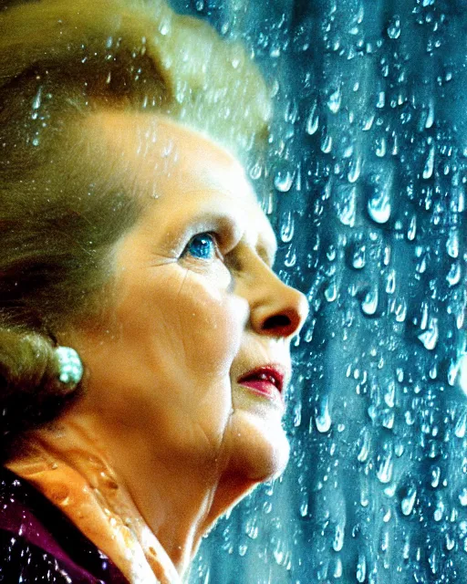 Image similar to margaret thatcher covered in rain, close - up, atmospheric moody hyper realistic award winning color cinematic still 8 k