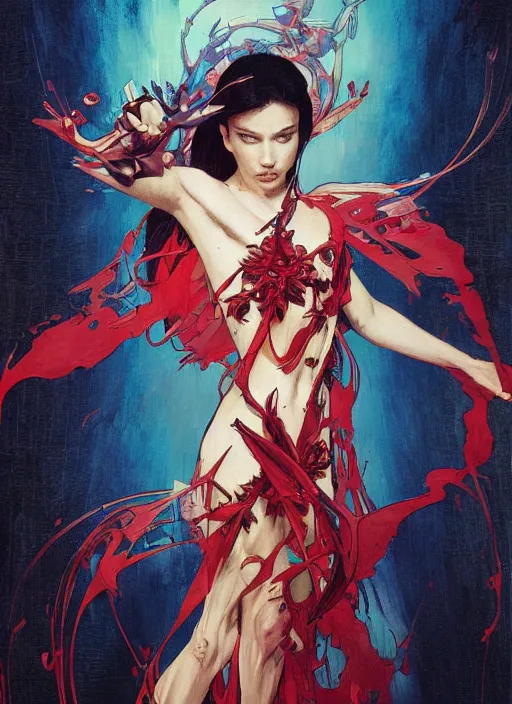 Image similar to symmetry! portrait of spawn, red spike aura in motion, floating pieces, painted art by tsuyoshi nagano, greg rutkowski, artgerm, alphonse mucha, spike painting