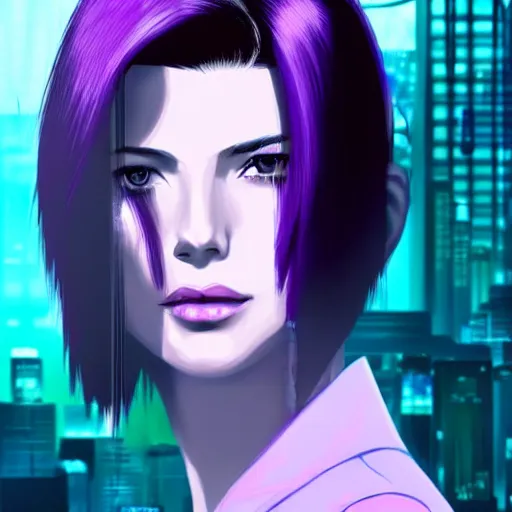 Image similar to A combination of Grace Kelly's and Katheryn Winnick's and Ashley Greene's faces with short violet hair as Motoko Kusanagi from Ghost in The Shell, cyberpunk style, synthwave aesthetic, fantasy, intricate, elegant, highly detailed, digital painting, artstation, concept art, matte, sharp focus, illustration, half body portrait, art by Artgerm and Greg Rutkowski and Alphonse Mucha