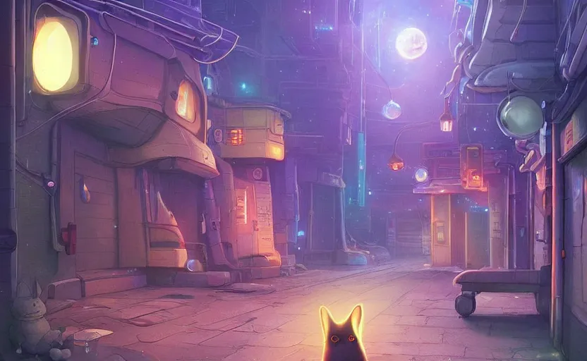 Image similar to an alien cat sleeping in a alleyway in a space opera utopian studio ghibli animated film, global illumination, beautiful composition, volumetric lighting, octane render by artgerm, loish, alena aenami, highly detailed