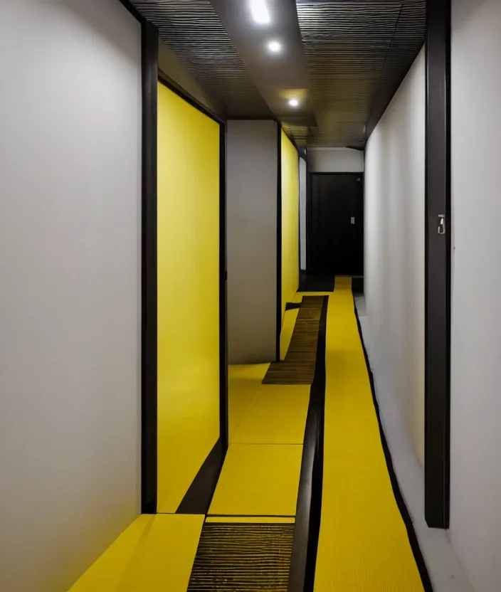 Prompt: spooky photo of a dark hallway of a japanese modern house with open lit doorways, dramatic lighting, smoke, ceiling fluorescent lighting, black and yellow colour palette