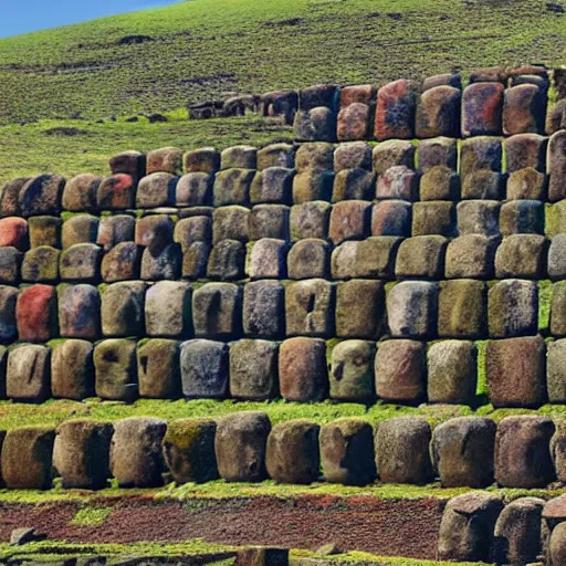 Image similar to 4 k colorful photograph of easter island statues overlooking a prison