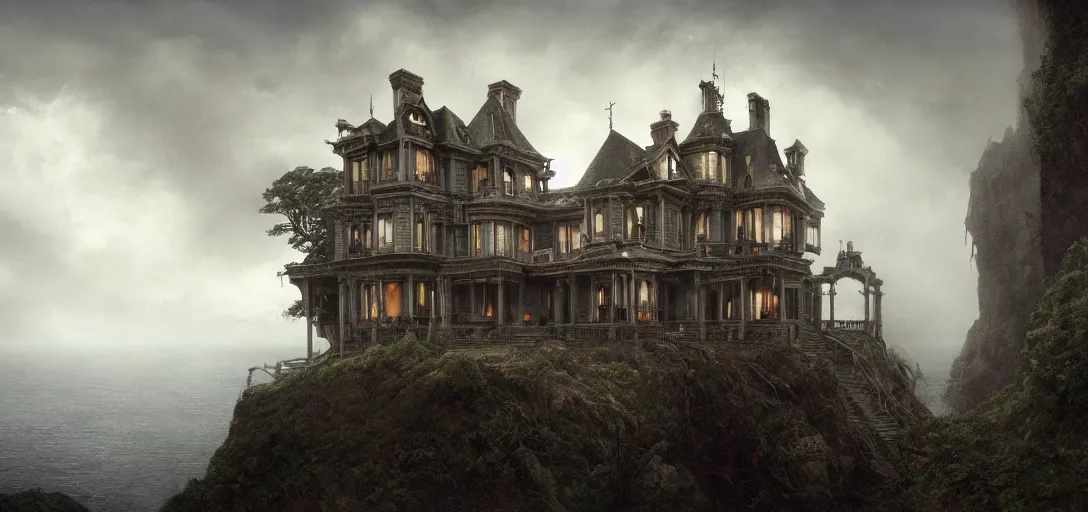 Prompt: victorian mansion hanging over a cliff by the ocean, horror, fog, scary, addams family style, 8k, james gurney, greg rutkowski, john howe, artstation