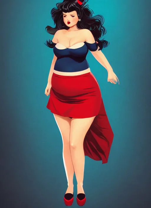 Image similar to full body portrait of teenage veronica lodge, obese, bangs, sultry, realistic, sultry smirk, wavy hair, red skirt, fat, belly, intricate, elegant, glowing lights, highly detailed, digital painting, artstation, concept art, smooth, sharp focus, illustration, art by wlop, mars ravelo and greg rutkowski