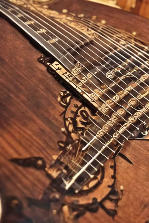 Prompt: an artistic representation of a fretboard, steampunk, intricate details