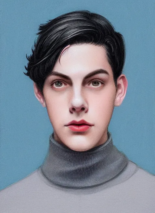 Image similar to portrait of teenage jughead jones wearing a light grey crown, crown, blue turtleneck, 1 9 5 0 s, closed eyes, photorealistic, black hair, glowing lighting, intricate, elegant, glowing lights, highly detailed, digital painting, artstation, concept art, smooth, sharp focus, illustration, art by wlop, mars ravelo and greg rutkowski