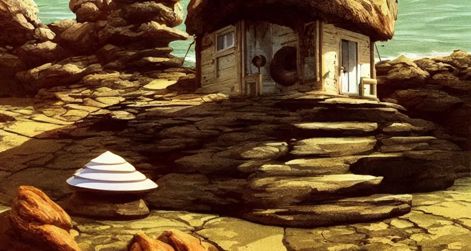 Image similar to environment art, tiny seashell house where a hermit girl lives, atmospheric cinematography by syd mead and emmanuel lubezki