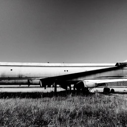 Image similar to black and white press photograph of a rusted abandoned business jet airplane, full view, detailed, natural light, mist, film grain, soft vignette, sigma 5 0 mm f / 1. 4 1 / 1 0 sec shutter, imax 7 0 mm footage