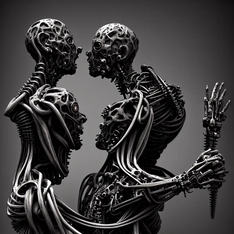 Prompt: dark biomechanical ribbed religious sculpture statue of two male cyborgs in love, in pain, suffering, baroque painting, beautiful detailed intricate insanely detailed octane render, organic 8K artistic photography, photorealistic, chiaroscuro, Raphael, Caravaggio, Giger, Beksinski, black background