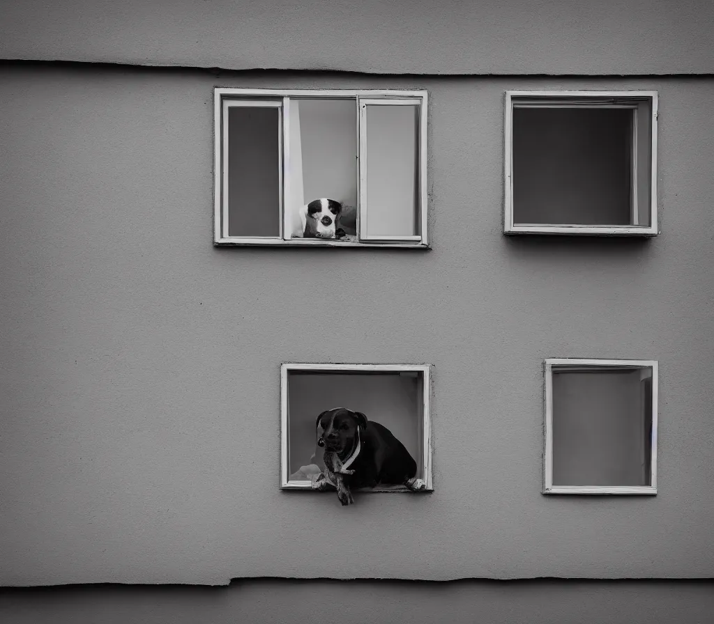 Prompt: dog near aluminum window, 8k, photoreal, cannon 50mm n4