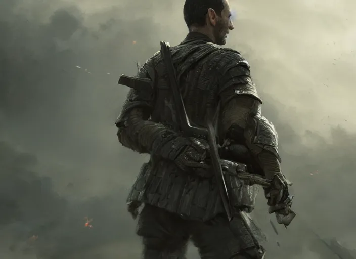 Prompt: close up cinematic artwork of Ryan Giggs staring down the enemy on the battlefield, sword raised in the air by Greg Rutkowski, 4k, masterpiece