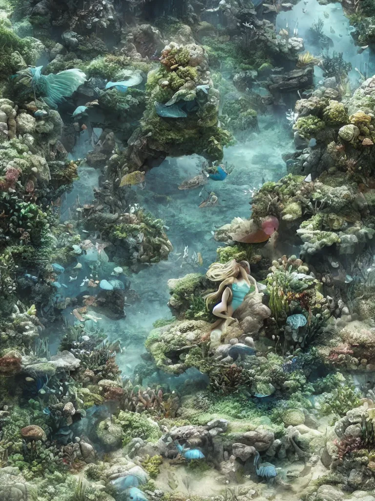 Image similar to partly underwater merpeople town made of rocks and sand, cute style garden, octane render, algae - trees, evergreen, patio, garden, wet atmosphere, tender, soft light misty yoshitaka amano, and artgerm